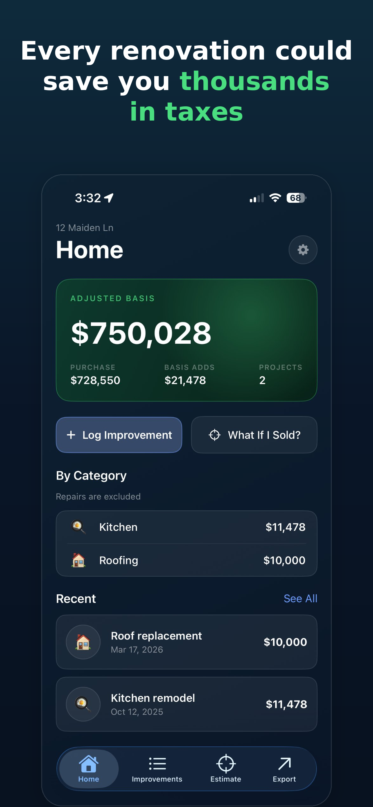HomeBasis app dashboard showing home value and adjusted cost basis