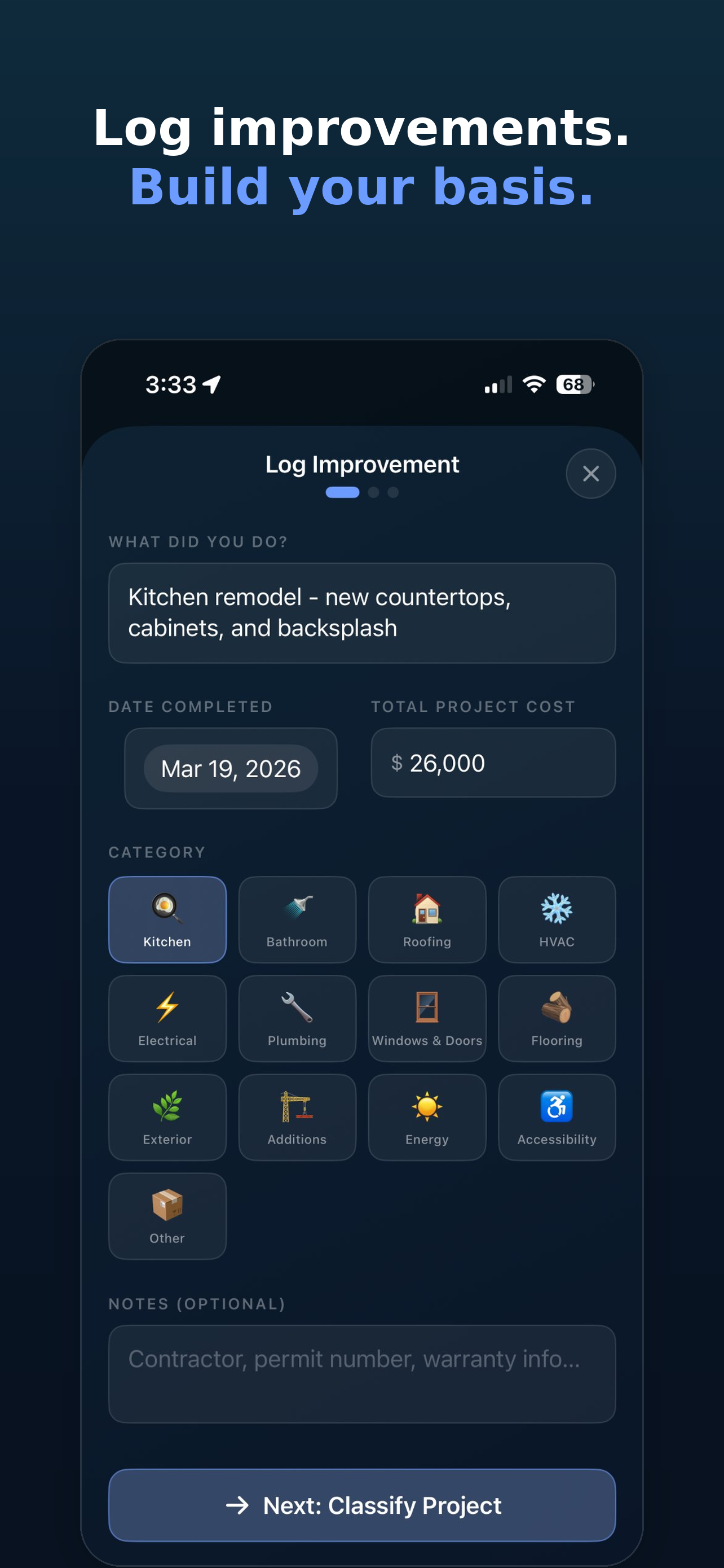 HomeBasis app logging a home improvement project