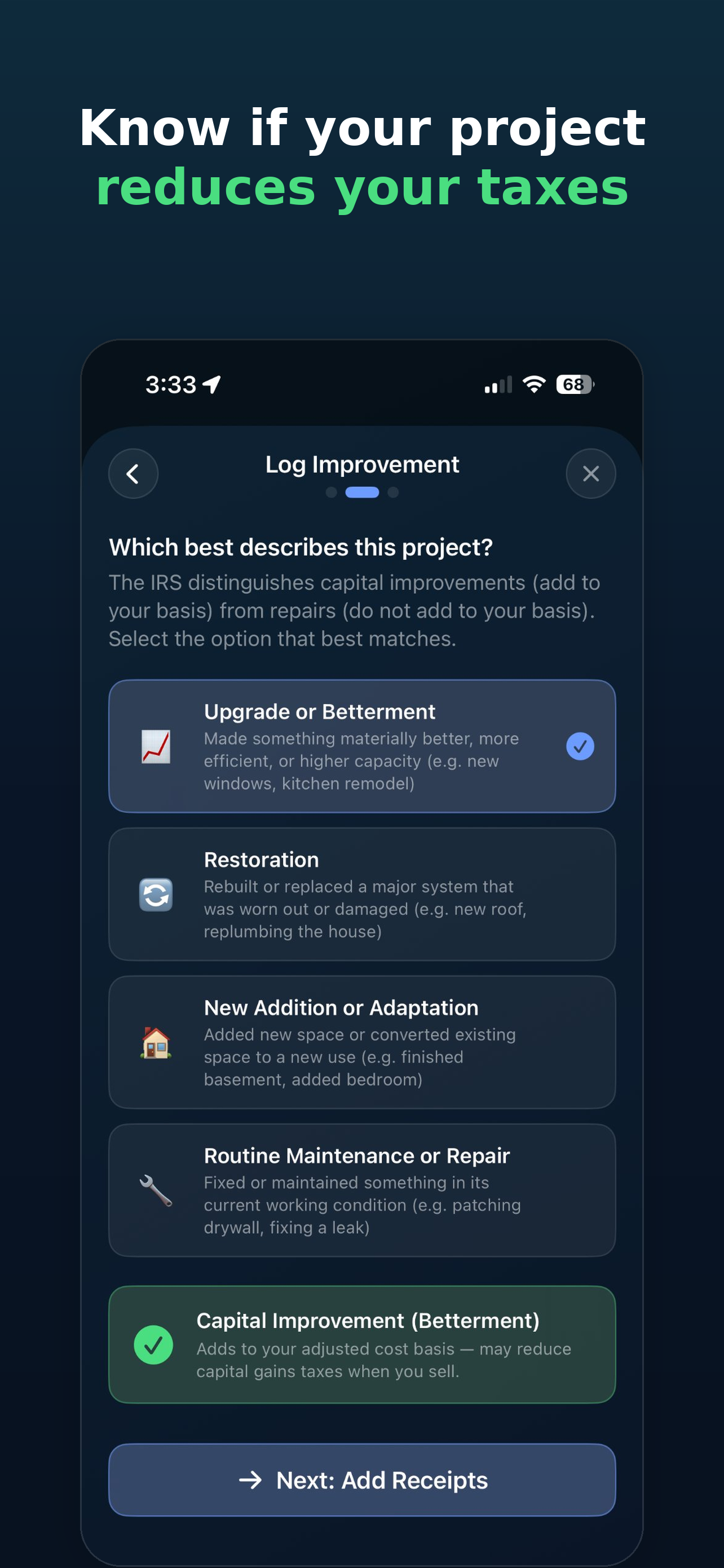 HomeBasis app classifying an improvement as capital or repair