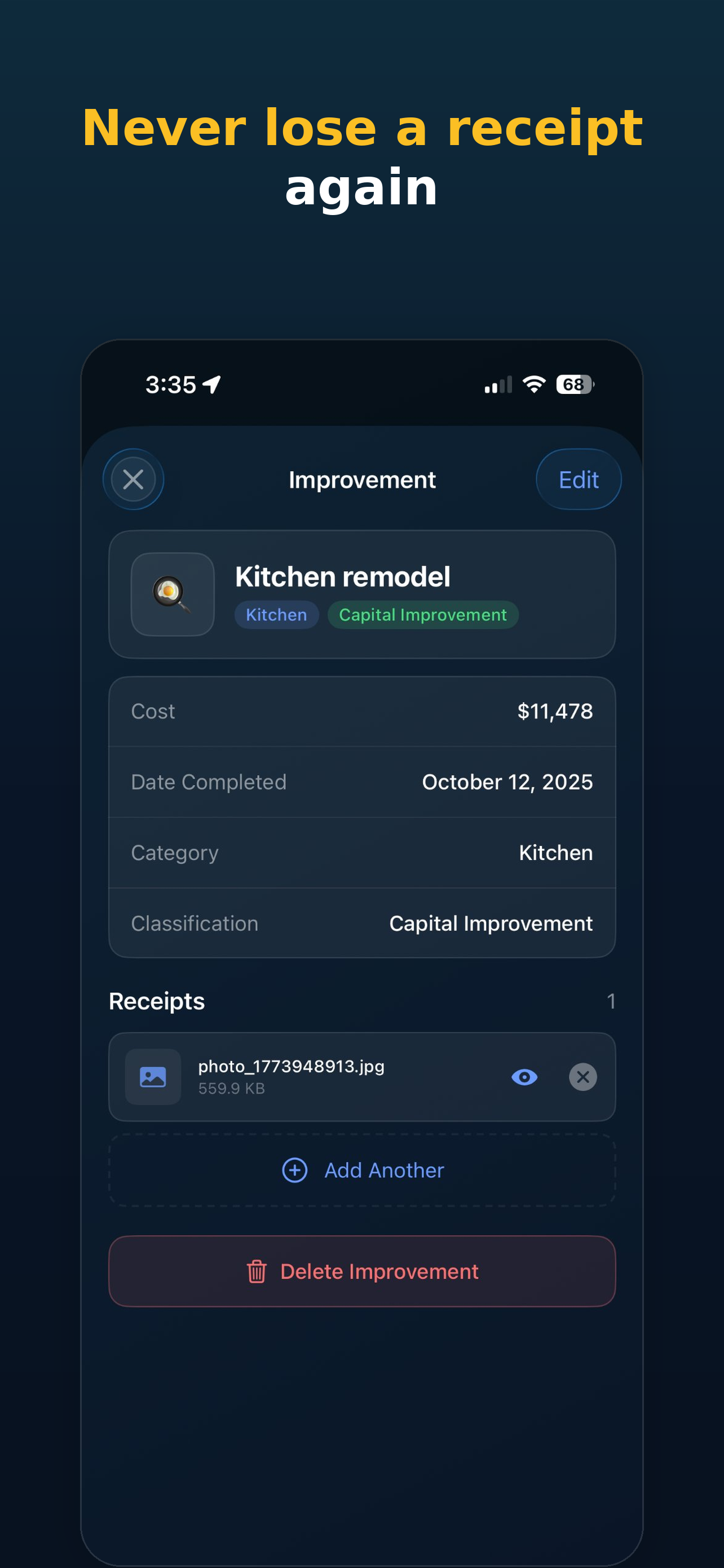 HomeBasis app receipt storage for home improvement invoices