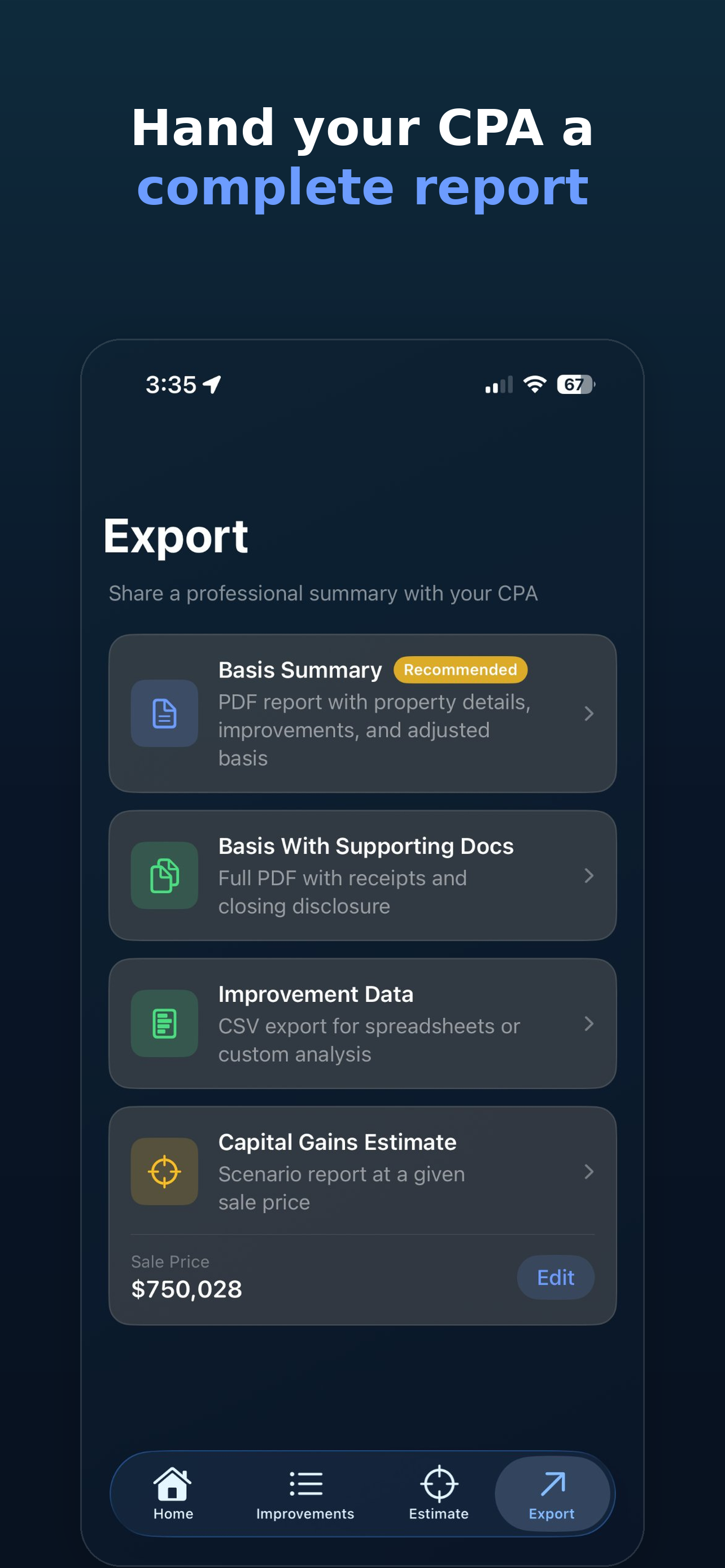 HomeBasis app export hub generating CPA-ready PDF reports